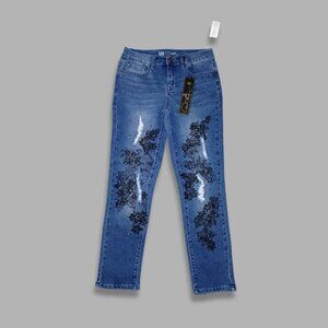DG2 by Diane Gilman Embellished Lace Distressed Jeans Blue Black W Size 4P NWT